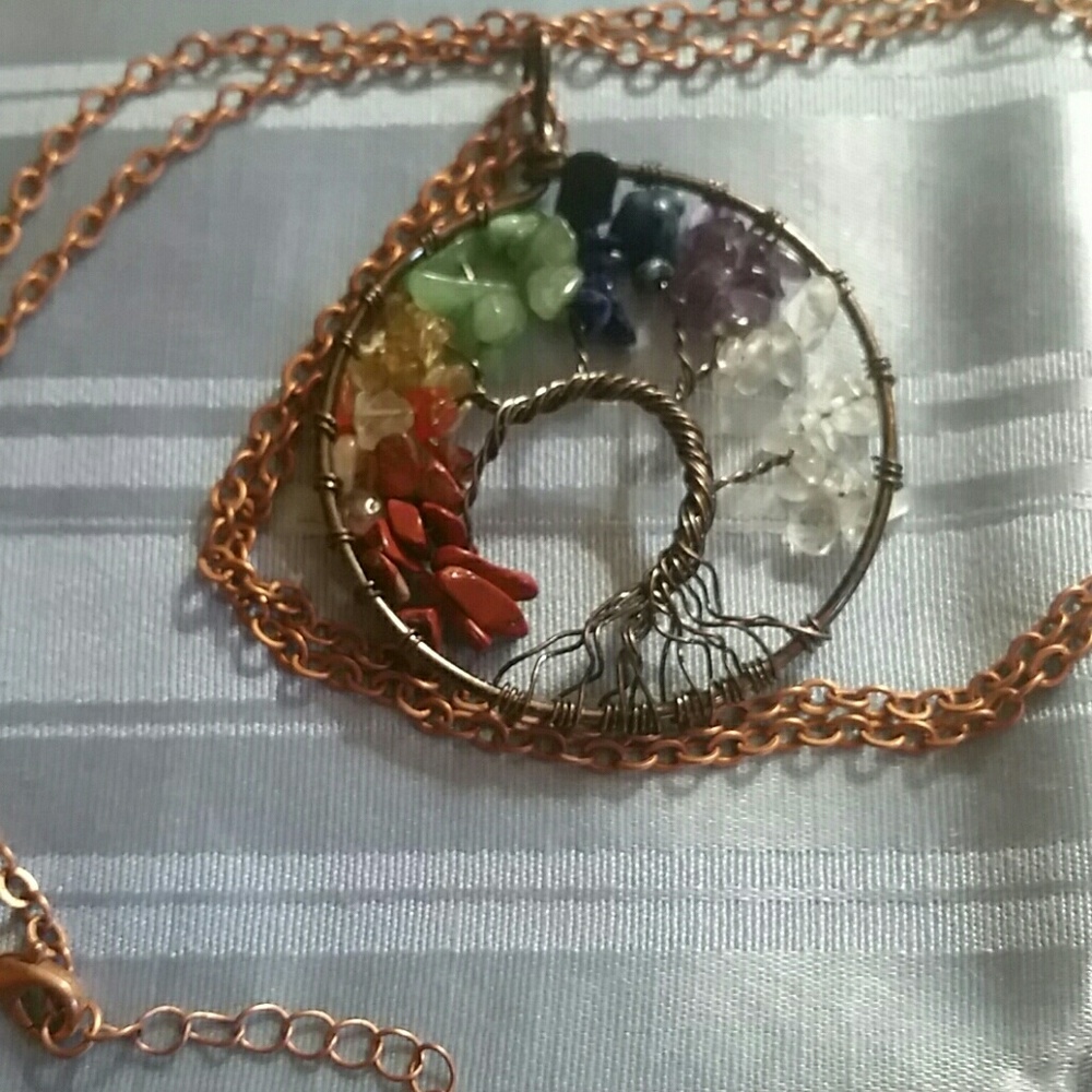 Handcrafted Copper Tree of Life Pendant Necklace with Multicolor Gem Chips